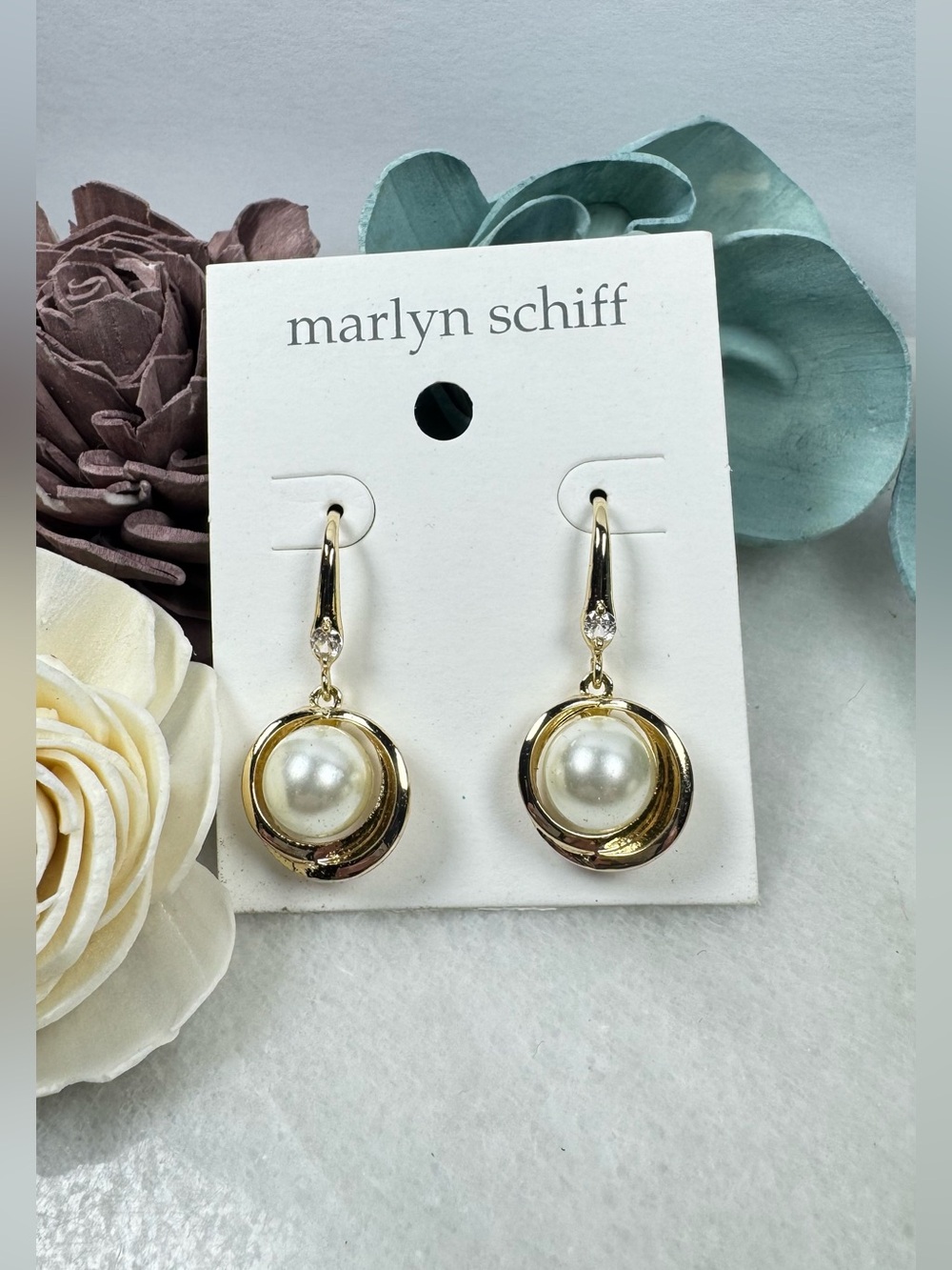 Marlyn Schiff Gold and White Pearl Drop Earrings with Crystal Accent
